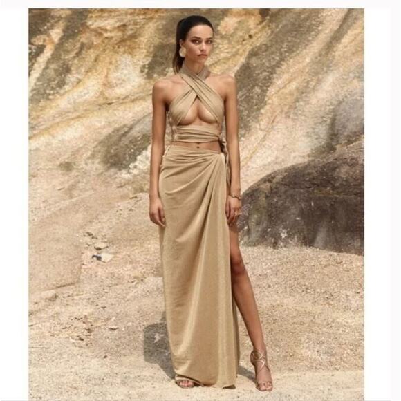Bronx & Banco Sz L / 8 Cleopatra Cutout Maxi Dress in Sand Gold Shimmer - Picture 2 of 10